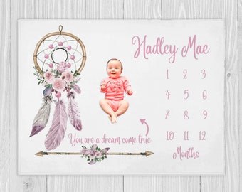 Couverture Boho Milestone, Baby Girl Milestone, Cadeau de baby shower, Couverture personnalisée pour bébé fille, Couverture mensuelle, Couverture mensuelle Dreamcatcher