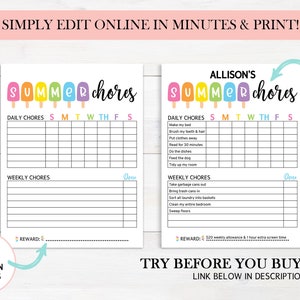 Editable Summer Chore Chart, Printable Chore Chart For Kids, Summer Routine, Daily & Weekly Kids Chore Responsibility Chart Instant Download image 2