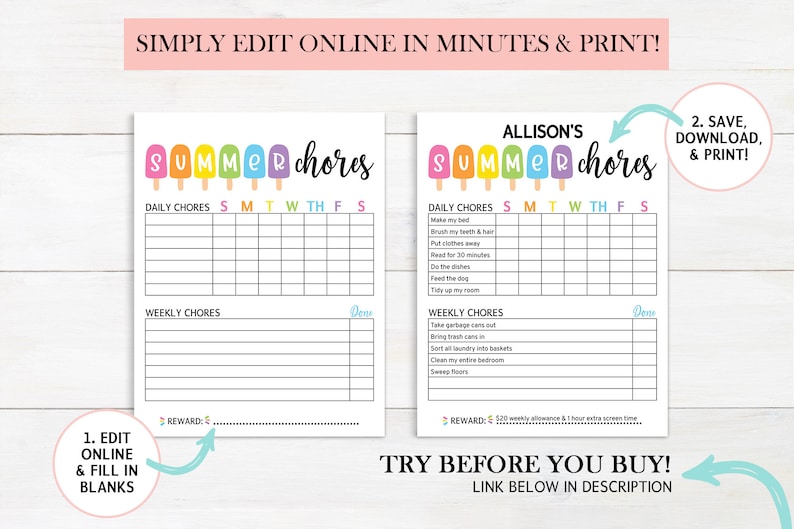 Editable Summer Chore Chart, Printable Chore Chart For Kids, Summer Routine, Daily & Weekly Kids Chore Responsibility Chart Instant Download image 2