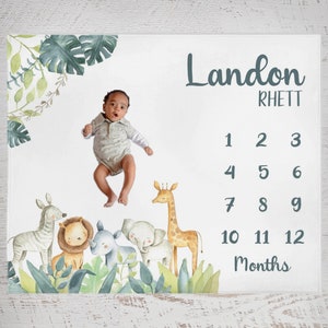 Safari Animals Baby Milestone Blanket, Personalized Milestone Blanket, Baby Boy Month Blanket, Baby Growth Tracker, Baby Shower Gift