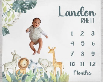 Safari-Tiere Baby-Meilenstein-Decke, personalisierte Meilenstein-Decke, Baby-Monats-Decke, Baby-Wachstum-Tracker, Babypartygeschenk