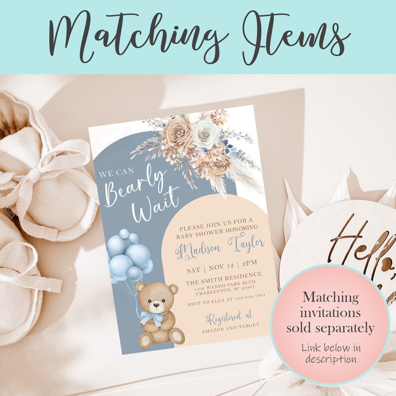Editable Teddy Bear Cupcake Toppers, Blue Boho We Can Bearly Wait Baby Shower Decorations Boy, Bear Baby Shower Decor Instant Download, BTB1 image 6