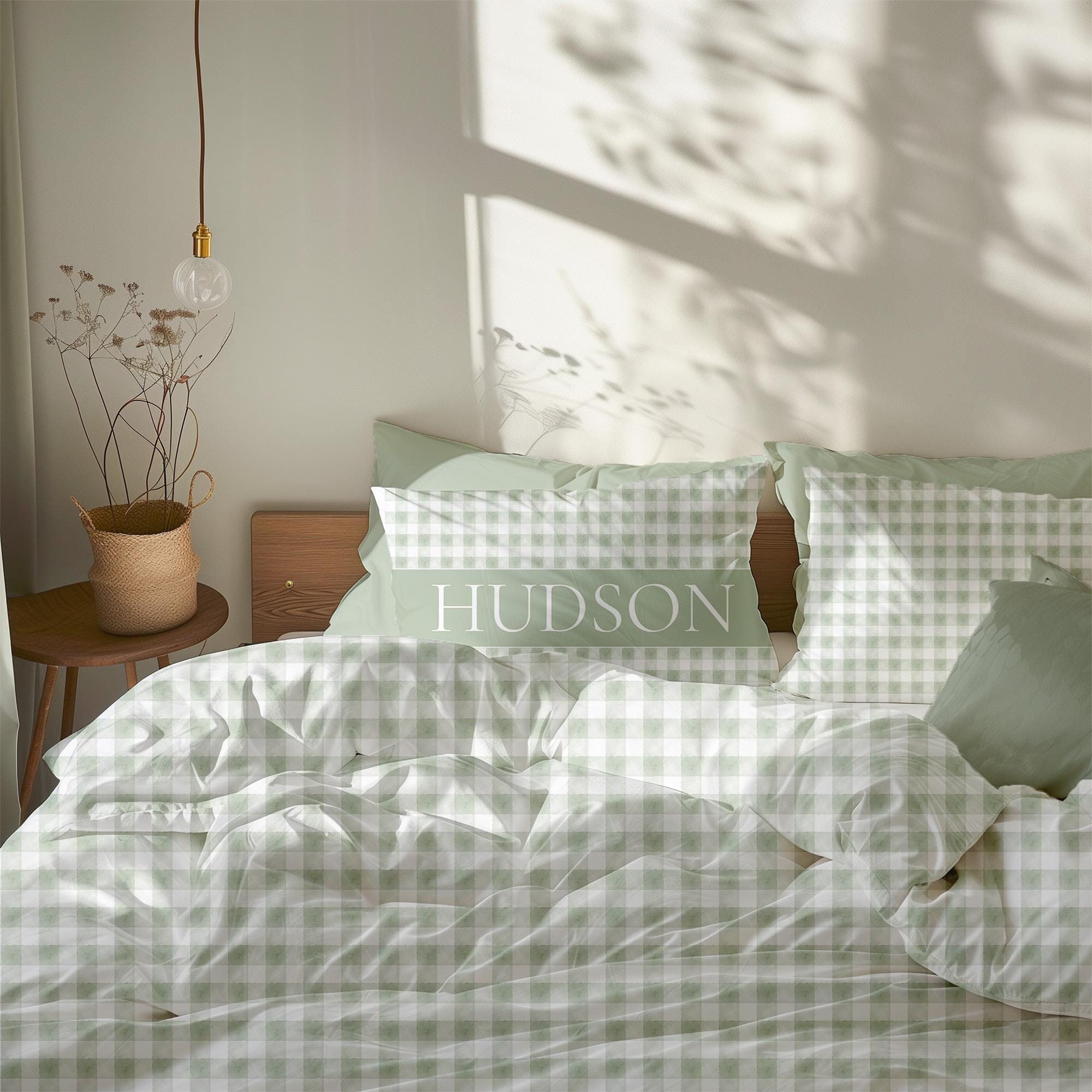 Parure de lit Vichy, Housse de couette Vichy vert, Couette vert sauge, Linge de lit vert sauge, Parure de lit garçon, Couette simple, Grand lit queen-size, Très grand lit king-size