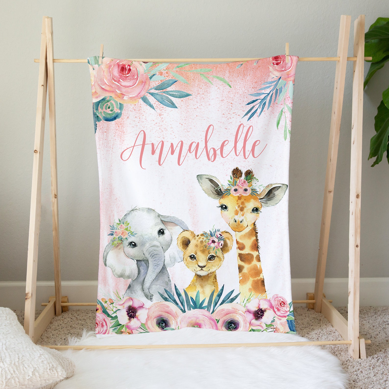 Floral Safari Animals Baby Girl Blanket, Personalized Girl Blanket ...