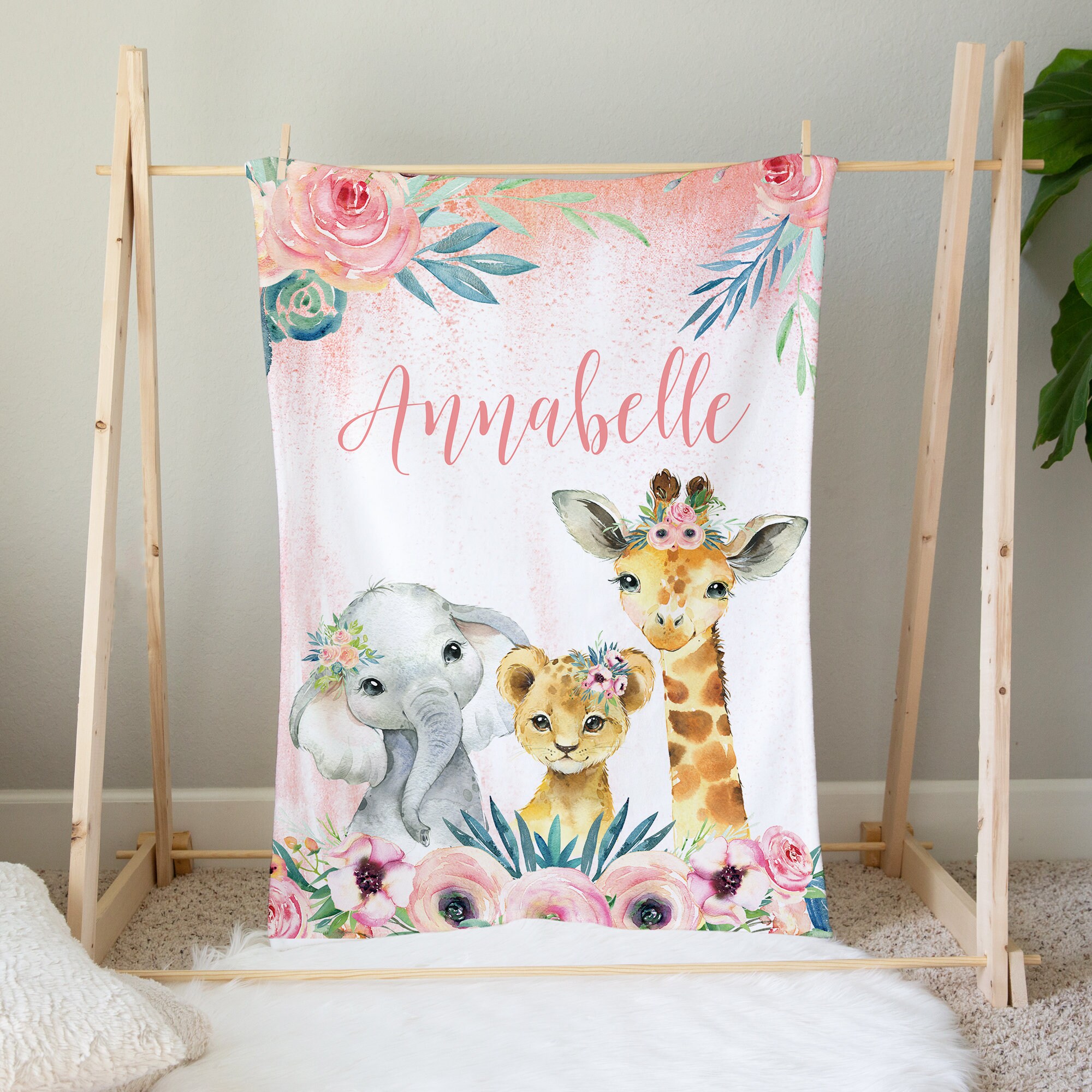 Floral Safari Animals Baby Girl Blanket, Personalized Girl Blanket ...
