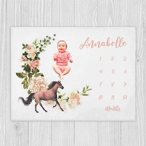 Horse Milestone Blanket, Baby Milestone Blanket Girl, Baby Shower Gift, Personalized Baby Girl Blanket, Baby Month Blanket, Floral Milestone