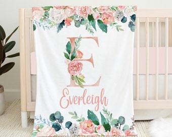 Personalized Floral Baby Blanket, Floral Monogram Blanket, Baby Girl Blanket, Baby Shower Gift, Floral Crib Bedding, Baby Girl Crib Bedding
