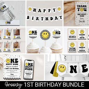 Editable One Happy Dude Birthday Invitation Bundle, Boy First Birthday Party Kit, One Happy Dude Decor, Smile Face Invitation Package, OHD1