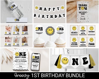 Editable One Happy Dude Birthday Invitation Bundle, Boy First Birthday Party Kit, One Happy Dude Decor, Smile Face Invitation Package, OHD1