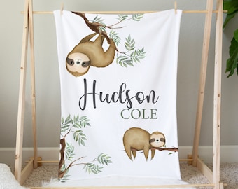 Personalized Sloth Baby Blanket, Custom Baby Boy Blanket, Sloth Nursery, Baby Shower Gift, Baby Name Blanket, Sloth Crib Bedding, Toddler