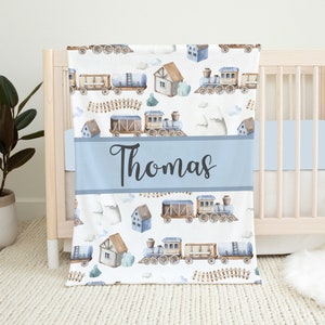 Personalized Train Baby Blanket, Custom Baby Boy Blanket, Baby Shower Gift, Train Crib Bedding, Baby Name Blanket, Train Nursery Blue Travel