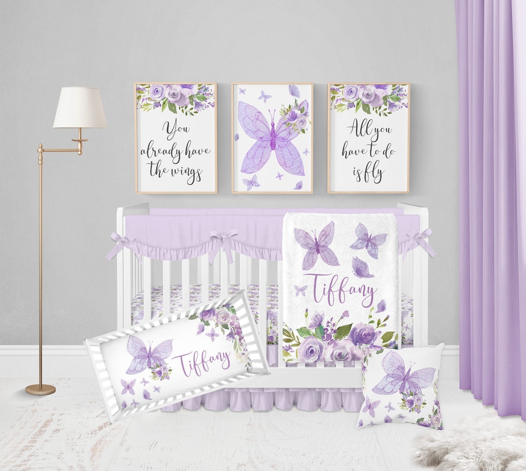 Purple Butterfly Crib Bedding Set, Baby Girl Crib Bedding Set