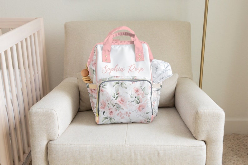Custom Diaper Bag, Girl Diaper Bag Backpack, Baby Shower Gift, Pink Floral Diaper Bag Multiuse Backpack, Personalized Baby Bag, New Mom Gift image 1