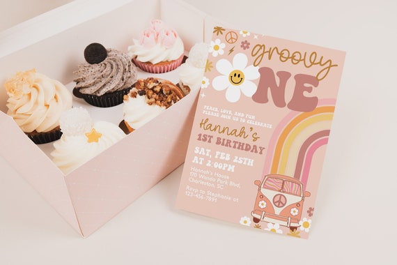 Editable First Birthday Groovy One Birthday Party Invitation, Groovy 1st Birthday Invite, Retro Hippie Bus Party Invitation Template Rainbow