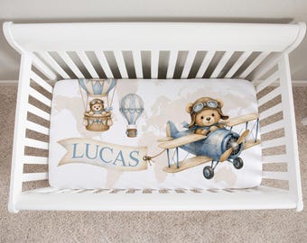 Personalized Crib Sheet Boy, Airplane Crib Bedding, Aviator Teddy Bear Nursery Decor, Travel Baby Bedding, Custom Baby Gift, Baby Name Sheet