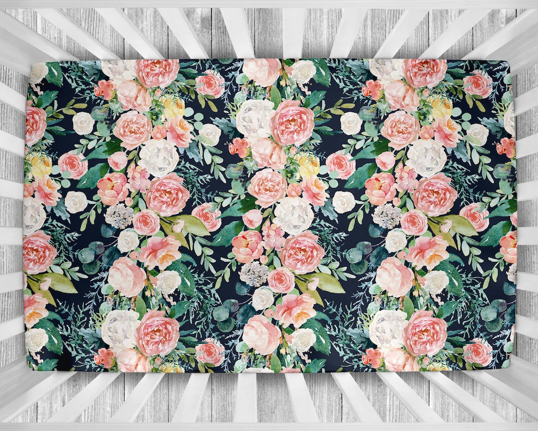 Navy Floral Crib Sheet Navy and Blush Pink Floral Crib Etsy