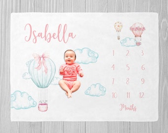 Hot Air Balloon Milestone Blanket, Adventure Girl Milestone Blanket, Baby Shower Gift, Personalized Baby Girl Blanket Monthly Growth Blanket