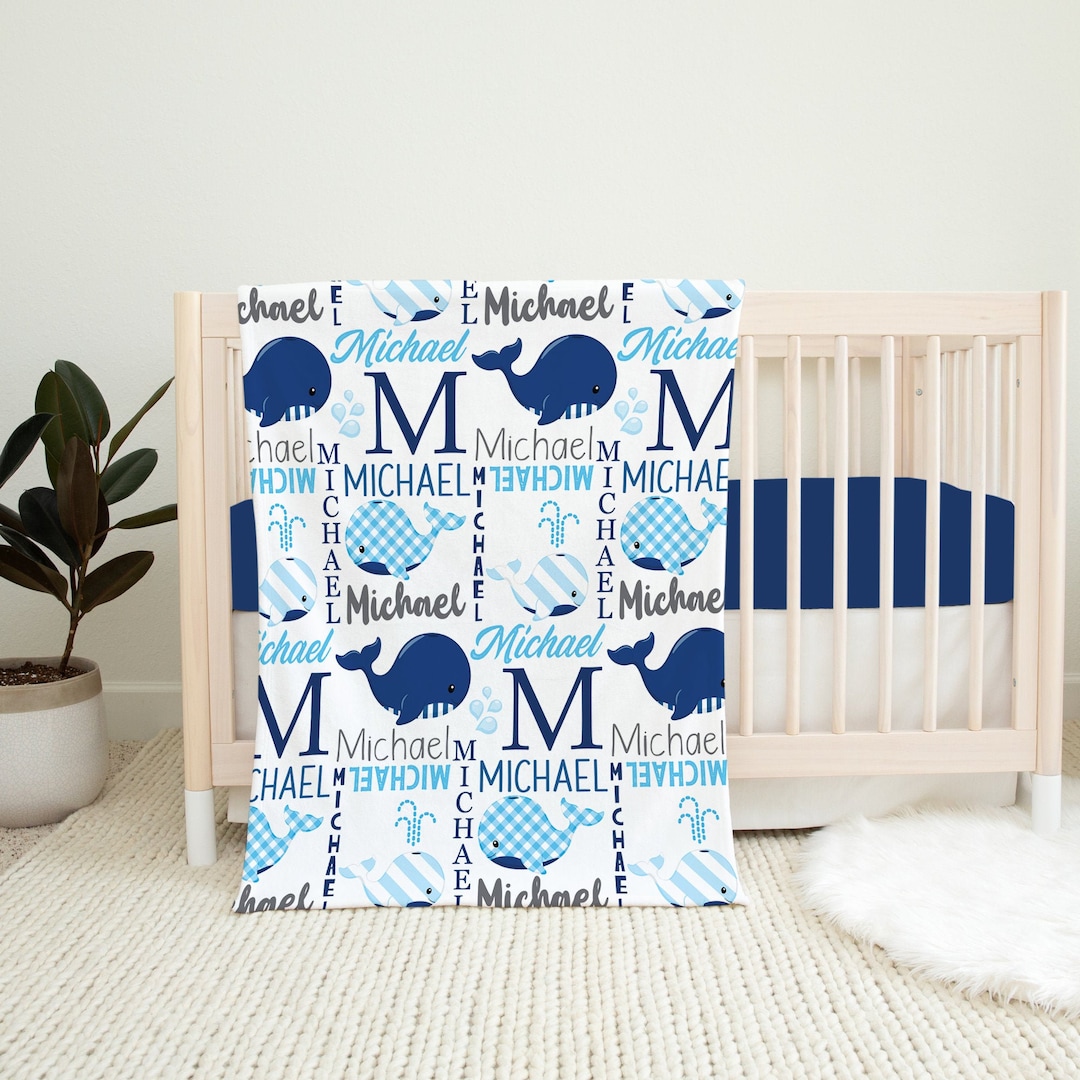 Personalized Whale Baby Blanket, Baby Name Blanket, Baby Boy Blanket