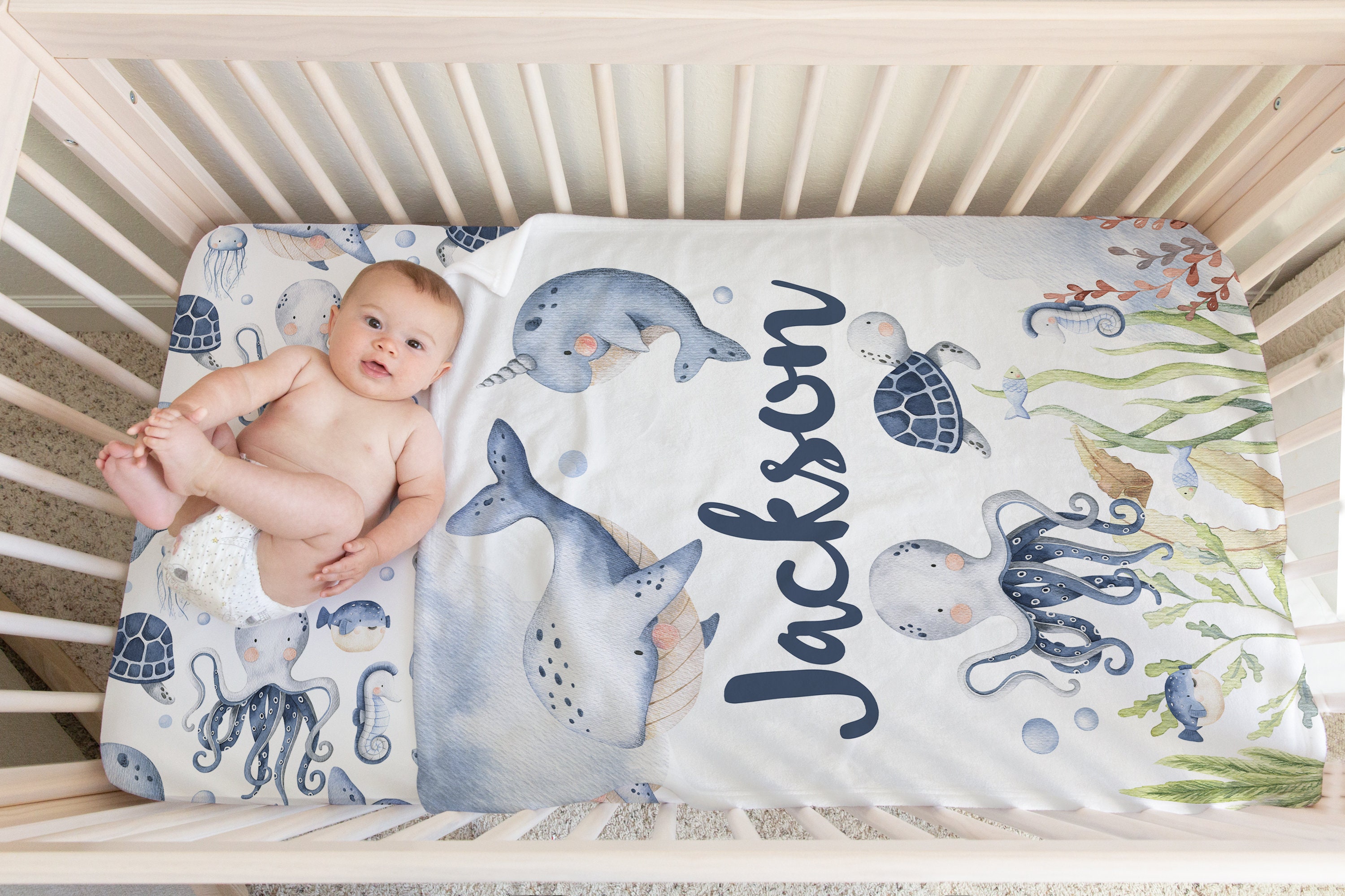 Under the Sea Baby Blanket, Personalized Baby Boy Blanket, Baby Name ...