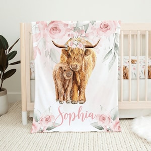 Personalized Cow Baby Blanket, Pink Floral Baby Blanket, Baby Girl Blanket, Baby Shower Gift, Highland Cow Baby Blanket, Cow Crib Bedding