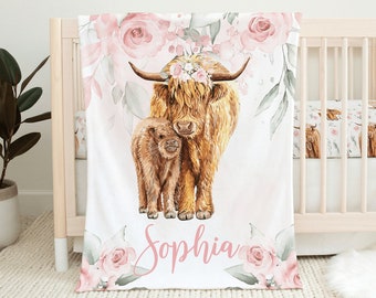 Personalized Cow Baby Blanket, Pink Floral Baby Blanket, Baby Girl Blanket, Baby Shower Gift, Highland Cow Baby Blanket, Cow Crib Bedding