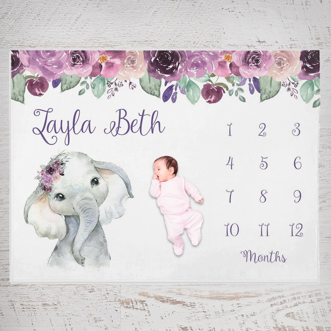 Personalized Baby Milestone Blanket, Elephant Month Blanket, Growth