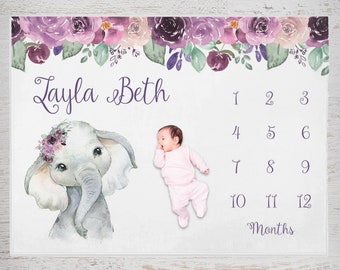 Personalized Baby Milestone Blanket, Elephant Month Blanket, Growth Tracker, Girl Milestone Blanket, Baby Shower Gift, Girl Nursery Purple