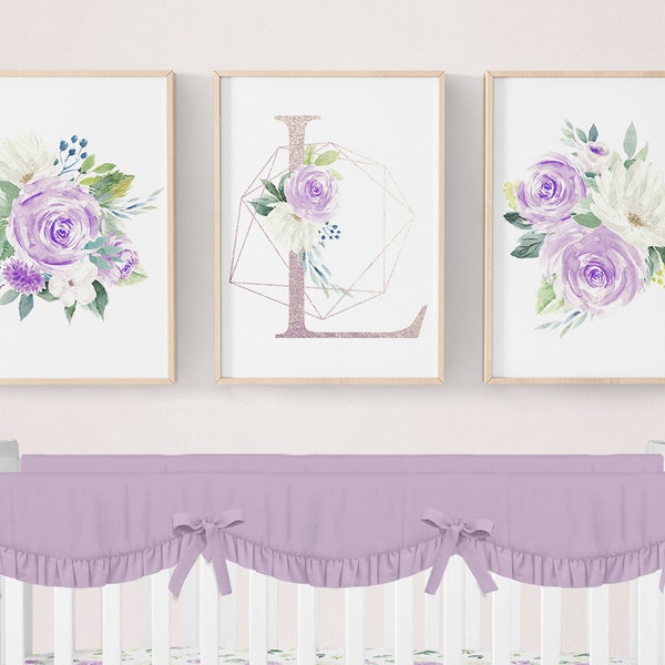 Purple Floral Nursery Decor, Girl Nursery Prints Floral, Girl Nursery Art, Nursery Wall Art Set, Girl Nursery Decor, Nursery Art Prints Girl