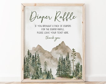 Woodland Diaper Raffle Sign, Let The Adventure Begin Woodland Baby Shower Sign Boy, Baby Shower Game Signs, Mountain Tree Sign Printable AD1