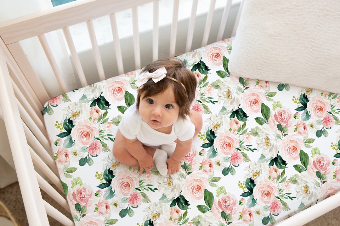 Pink Floral Crib Sheet, Crib Sheets Girl, Floral Crib Bedding, Floral