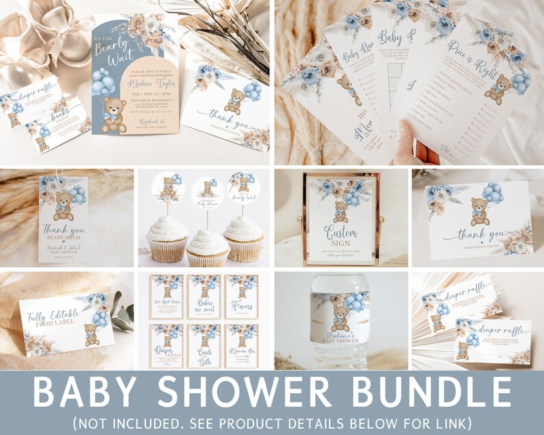 Editable Teddy Bear Cupcake Toppers, Blue Boho We Can Bearly Wait Baby Shower Decorations Boy, Bear Baby Shower Decor Instant Download, BTB1 image 3