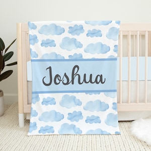Personalized Cloud Baby Blanket, Baby Boy Blanket, Baby Shower Gift, Cloud Crib Bedding, Baby Name Blanket, Cloud Nursery Light Blue Blanket
