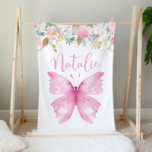 Personalized Butterfly Blanket, Baby Girl Blanket, Girl Baby Name Blanket, Baby Shower Gift, Butterfly Crib Bedding Pink Floral Baby Blanket