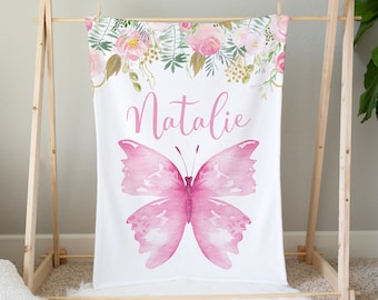 Manta de mariposa personalizada, manta de bebé niña, manta de nombre de bebé de niña, regalo de baby shower, ropa de cama de cuna de mariposa manta de bebé floral rosa