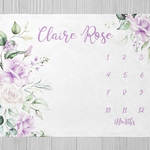 Baby Girl Milestone Blanket, Purple Floral Milestone Blanket, Baby Shower Gift, Personalized Baby Girl Blanket, Monthly Growth Name Blanket
