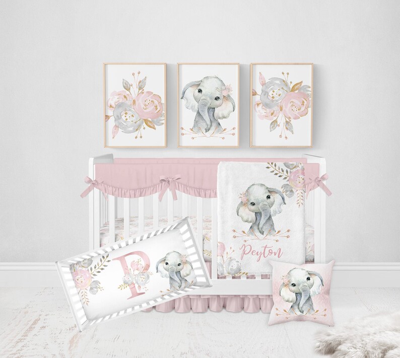 Elephant Baby Bedding Set Pink Floral Crib Bedding Girl Etsy