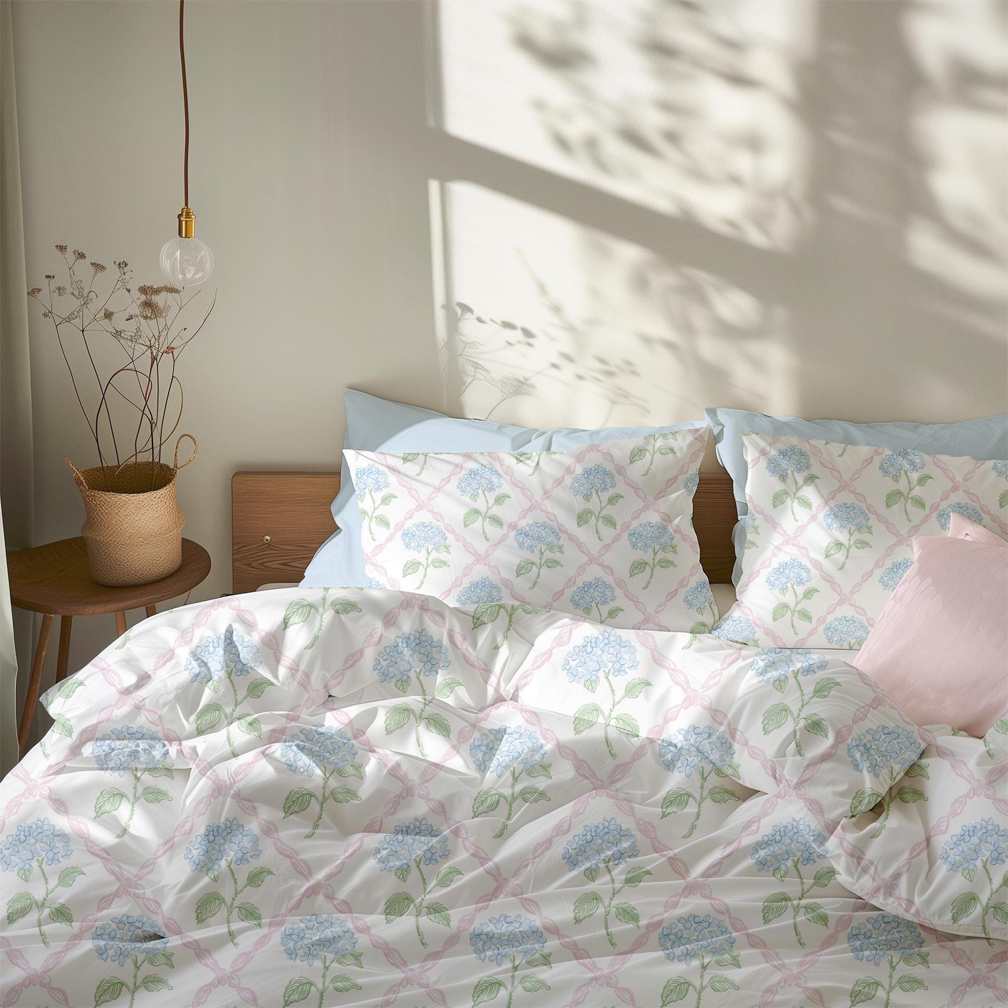 Feelyou Hydrangea Fitted Sheet Twin Size – Deep Pocket Floral Bedding, Pink & Blue