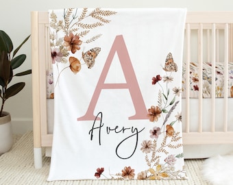 Coperta con nome di fiori di campo personalizzata, coperta per bambina, vivaio di fiori di campo, coperta per bambini di fiori di campo, regalo per la doccia per bambini, biancheria da letto per culla per ragazze
