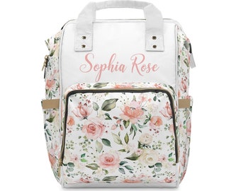 Benutzerdefinierte Wickeltasche, Mädchen Wickeltasche Rucksack, Rosa Blumen Wickeltasche, Baby-Dusche-Geschenk, personalisierte Babytasche Multiuse Rucksack, neue Mutter Geschenk
