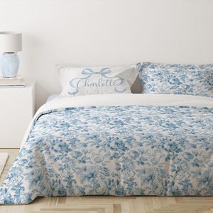Blue Floral Coquette Bedding Set, Preppy Duvet Cover Set, Blue Bow ...