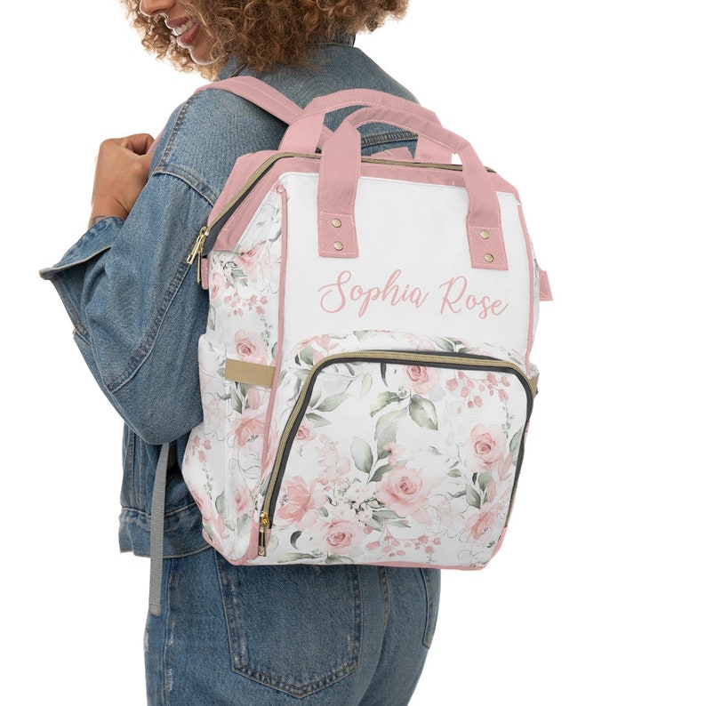Custom Diaper Bag, Girl Diaper Bag Backpack, Baby Shower Gift, Pink Floral Diaper Bag Multiuse Backpack, Personalized Baby Bag, New Mom Gift image 7