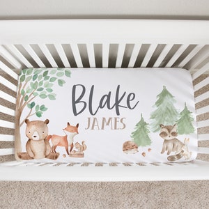 Personalized Crib Sheets Boy, Woodland Animals Crib Sheet, Baby Boy Crib Bedding, Woodland Crib Bedding, Woodland Nursery Bedding, Bear, Fox