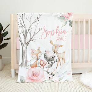 Baby Girl Woodland Crib Bedding Set, Crib Bedding Set Girl, Woodland Animal Nursery Set, Pink Floral Crib Sheets Girl, Woodland Nursery Girl image 4