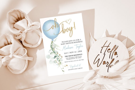 Oh Boy Baby Shower Invitation, Blue Balloon Baby Shower Invite, Oh Boy Baby Shower Editable Invitation Template, Boy Shower Invitation BBS1