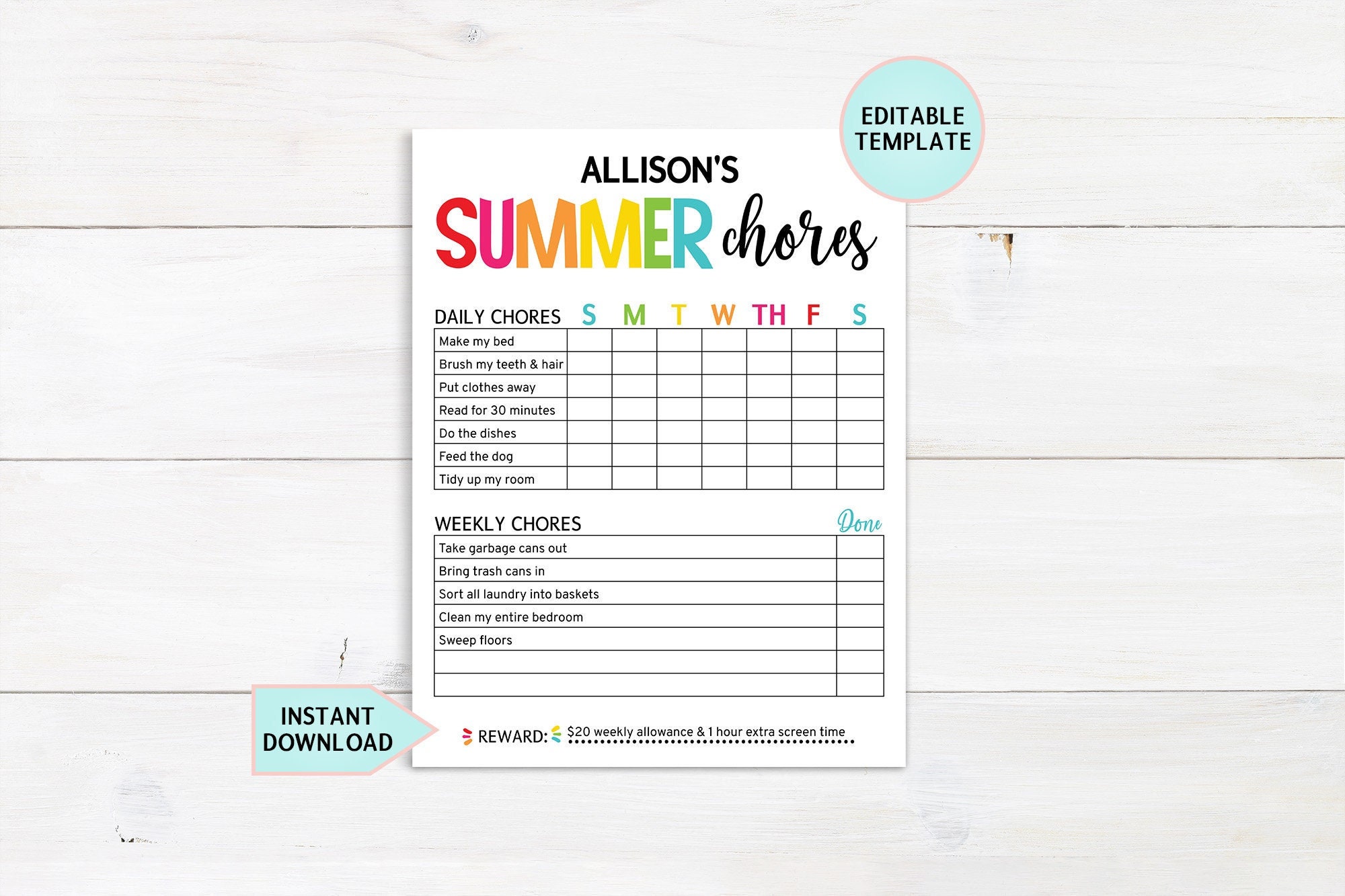 editable-chore-chart-for-kids-summer-chore-chart-kids-chores-chart-printable-daily-and-weekly-chore-chart-screen-time-rewards-download-etsy