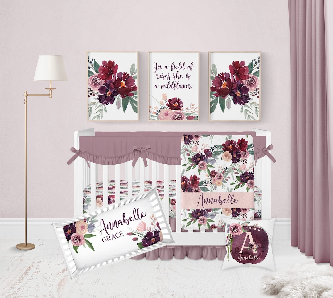 Floral Crib Bedding Set, Baby Girl Crib Bedding, Personalized Baby