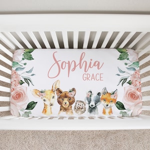 Personalized Woodland Animals Crib Sheet, Pink Floral Crib Sheet, Crib Sheets Girl, Girl Woodland Crib Bedding, Woodland Nursery Bedding