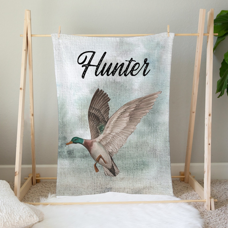 Personalized Mallard Duck Blanket, Duck Hunting Baby Blanket, Woodland Baby Blanket Duck Hunting Nursery, Baby Shower Gift Baby Name Blanket image 1