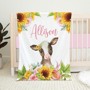 Personalized Cow Baby Blanket, Floral Baby Blanket, Baby Girl Blanket, Baby Shower Gift, Cow Crib Bedding, Sunflower Baby, Farm Baby Blanket