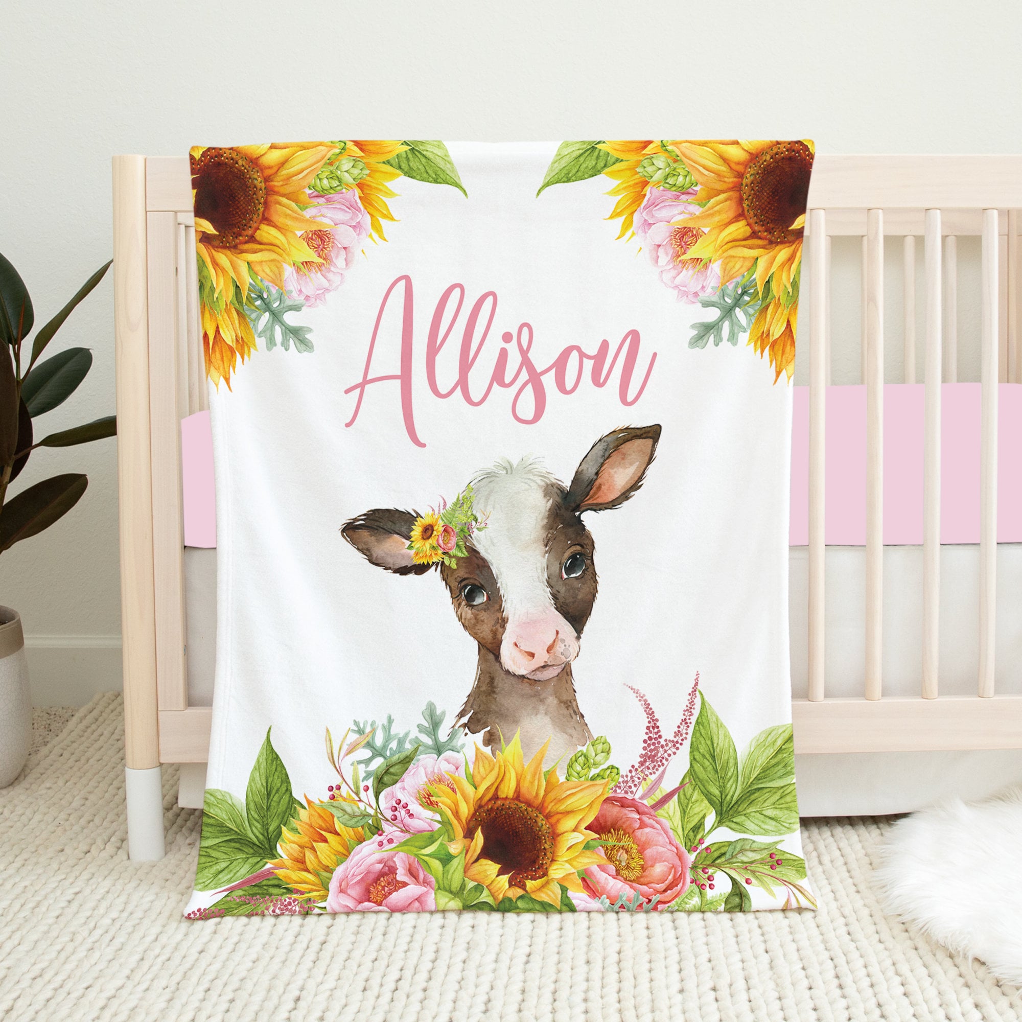 Personalized Cow Baby Blanket Floral Baby Blanket Baby Girl Etsy